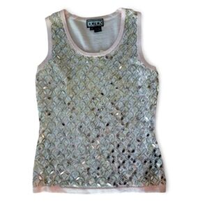 NWT Berek Glitter Glam Silver Sequin Tank Top Sm Leaf Paillettes Pale Pink Trim